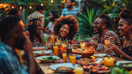 A young woman sits with a group of friends at a dinner table in a cafe, enjoying a meal together. The scene is warm and lively, capturing the joy of shared moments.