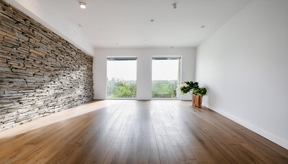 Wall Mural - Minimalist White Interior Design with Stone Wall and Wooden Floor