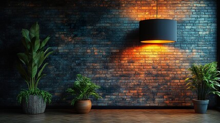 Wall Mural - A modern lamp with a sleek design, casting a soft glow on a textured brick wall, creating a warm and inviting atmosphere