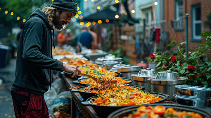 A man is serving food from a long table. The table is filled with various dishes, including bowls of food and a large pot. The man is wearing a black hoodie and a hat. The scene has a casual