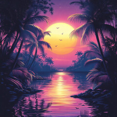 Wall Mural - Tropical Sunset Landscape with Palm Trees and River.