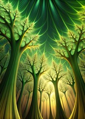 Poster - Enchanted forest with glowing trees and green light.