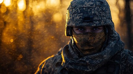 A soldier in full gear blending into a military camouflage pattern background