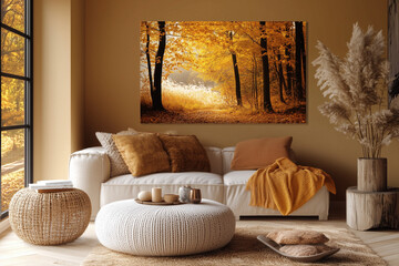 Wall Mural - Modern Living Room with Sofa and Wall Art in Rich Brown, Golden Yellow, and Warm Beige Palette