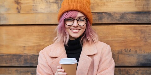 Poster - A woman with pink hair and glasses is smiling while holding a coffee cup. She is wearing a pink coat and an orange hat