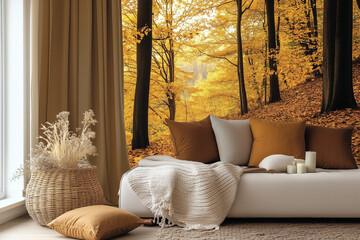 Wall Mural - Modern Living Room with Sofa and Wall Art in Rich Brown, Golden Yellow, and Warm Beige Palette