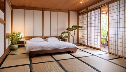 Wall Mural - Japanese Style Bedroom Interior Design with Tatami Mat Flooring