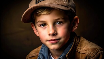 Poster - Close-up Portrait of a Young Boy Wearing a Brown Cap and Jacket