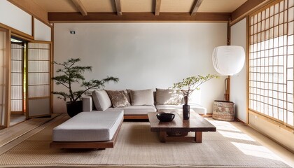 Wall Mural - Modern Japanese Style Living Room Interior Design With Wooden Beams And Natural Light