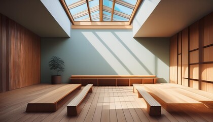 Wall Mural - Minimalist Interior Design with Skylights and Wooden Benches