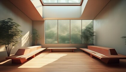 Wall Mural - Minimalist Interior Design with Skylights and Wooden Benches