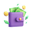 © Artwork Vector - 3D Wallet Filled with Cash and Coins. Purple 3D wallet overflowing with cash and coins.