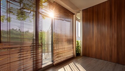 Wall Mural - Sunlight Streaming Through Wooden Blinds in a Modern Home