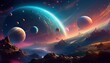 © EnjoyWithWorNa - A vibrant alien planet in the dark night sky with Earth visible in the distance, surrounded by stars and clouds, creating a fantastical cosmic landscape
