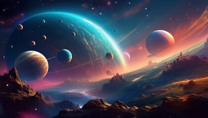 A vibrant alien planet in the dark night sky with Earth visible in the distance, surrounded by stars and clouds, creating a fantastical cosmic landscape