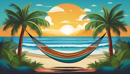 Wall Mural - Tropical beach paradise with hammock, palm trees and ocean waves travel destination illustration