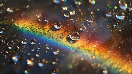 Wall Mural - Water Droplets Reflecting Rainbow on Dark Surface