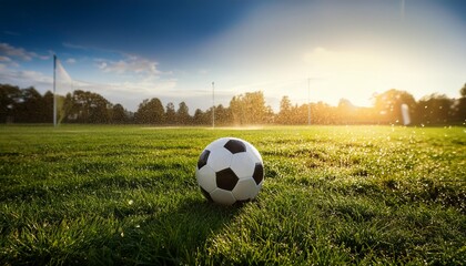 Soccer ball on green grass field with water droplets sports, nature, play, outdoor, recreation concept