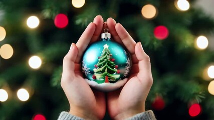 Wall Mural - Close-up of a person's hands holding a sparkling christmas tree decoration against a background of a christmas tree illuminated by bright lights. Christmas and New Year concept.