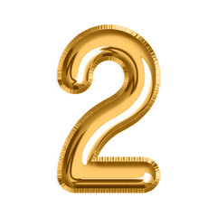 English Number 2 in gold foil balloon isolated on transparent background PNG, 3d golden alphabet