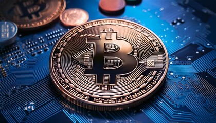 Bitcoin coins on electronic circuit board modern business and finance concept