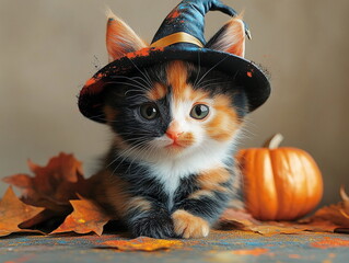 A fluffy calico kitten wearing an oversized witch's hat, surrounded by autumn leaves and pumpkins, with glittering magic dust floating around it, Halloween background 