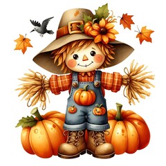 scarecrow adorned with pumpkins watercolor vector illustration