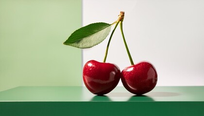 Two ripe cherries stacked on green and white background symbolizing natural beauty and freshness