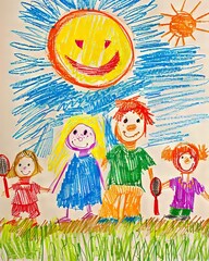 Wall Mural - A child's drawing of a family holding hands in front of a sun