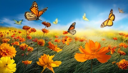 Wall Mural - Vibrant Field of Yellow and Orange Flowers with Butterflies in a Sunny Day Nature Scene