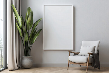 Wall Mural - Minimalist living room interior with a blank frame, armchair and plant.