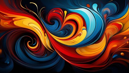 Wall Mural - Abstract art with red, yellow, and blue swirls on black background vibrant colors in motion and harmony