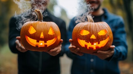 Wall Mural - Two men holding carved pumpkins with smoke coming out of them