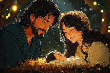 nativity illustration tender moment as mary and joseph gaze upon newborn jesus in humble manger warm