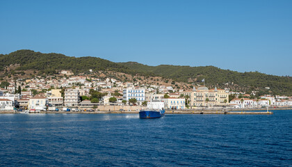 Sticker - Spetses island, Greece. Seafront buildings view from the sea