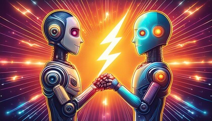 Robotic love connection two robots holding hands with lightning bolt on colorful background