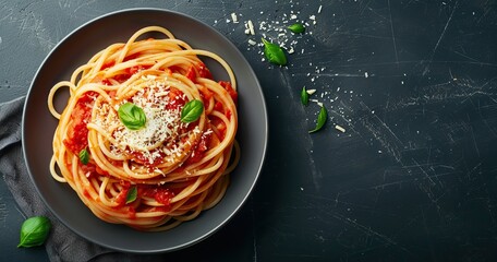 Wall Mural - Top view of a gourmet spaghetti bolognese dish on a sleek black plate