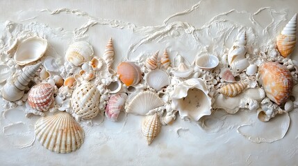 Poster - Seashell Arrangement on White Textured Surface