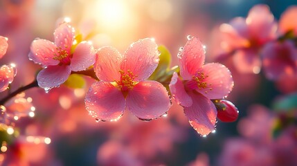 Wall Mural - A bunch of pink flowers with water droplets on them