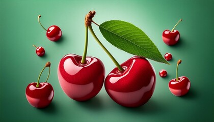 juicy cherries on green background with leaves, summer fruits nature illustration for design and art