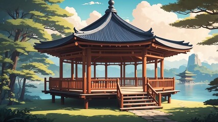 Wall Mural - retro style anime wooden pavilion illustration background