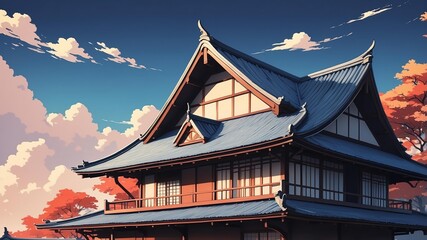 Wall Mural - retro style anime gabled roof illustration background