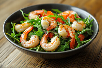 Shrimp and arugula salad in a bowl on a wooden table, close-up. Delicious, healthy food concept