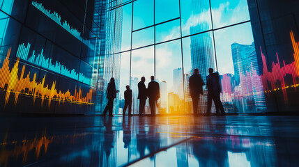 Wall Mural - Group of business people silhouettes in modern office building and business innovative network concept. Human resources