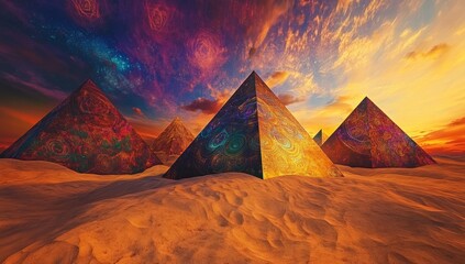 Ornate pyramids in a desert landscape at sunset.