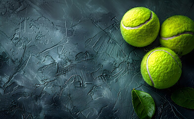 Three green tennis balls on a Dark white background high quality photo