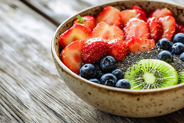 Close-up of a healthy breakfast bowl, filled with vibrant fruits on a rustic wooden table