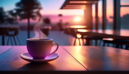 Wall Mural - Cup of coffee / tea on a wooden table in the morning light at a restaurant; synthwave