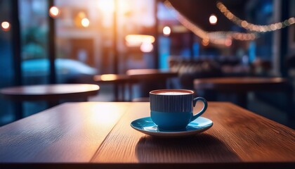 Wall Mural - Cup of coffee / tea on a wooden table in the morning light at a restaurant; synthwave