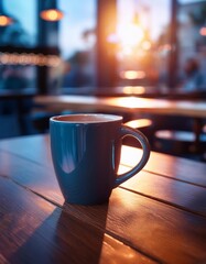 Wall Mural - Cup of coffee / tea on a wooden table in the morning light at a restaurant; synthwave